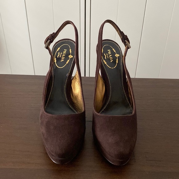 Prada Chocolate Brown Suede Slingback Platform Pumps - Picture 5 of 13
